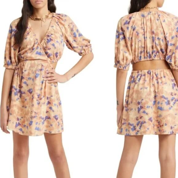 OPEN EDIT Cutout Puff Sleeve Floral Mini Dress - Picture 1 of 6